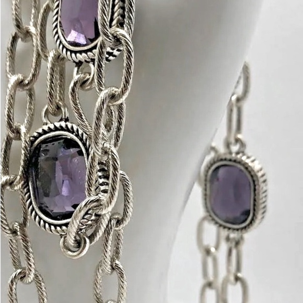 Etienne Aigner Silver Tone Chain Link Necklace with Amethyst Cabochan Beads